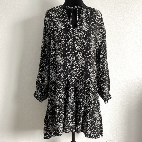 Zara Tie Front Keyhole Micro Disty Floral Black & White Mini Dress 0036 - Picture 2 of 8